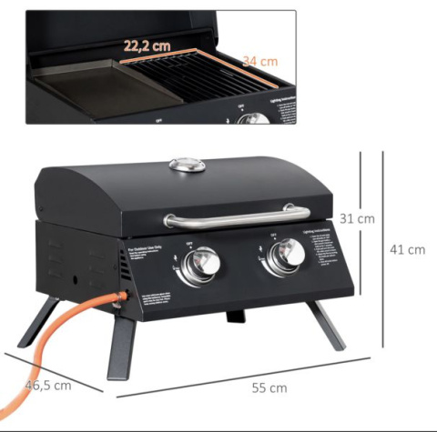 Grill gazowy 2 palniki z pokrywą przenośny